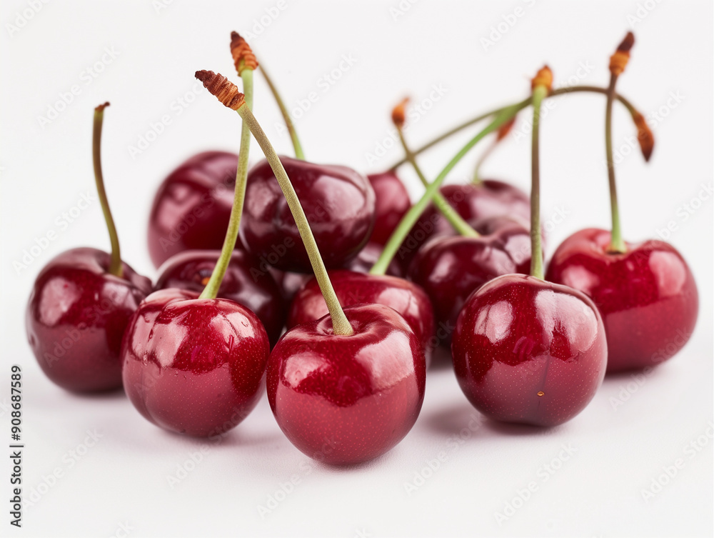 Ripe red cherries isolated on white, juicy and sweet summer fruit closeup Ripe red cherries isolated on white, juicy and sweet summer fruit closeup