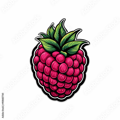 A close-up image of a single, ripe raspberry against a stark white background.