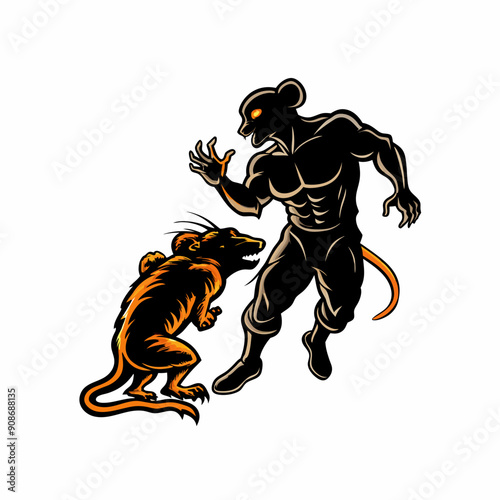 A man's shadow looms over a rat as they fight.