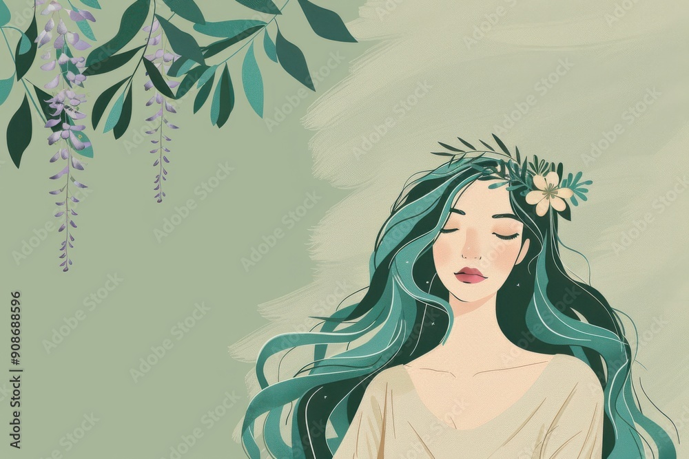 Chinese minimalism illustration, portrait of a fair-skinned woman with long, wavy teal hair styled with a floral headband, wearing a blouse, flat illustration Chinese figure illustration Chinese minimalism illustration, portrait of a fair-skinned woman with long, wavy teal hair styled with a floral headband, wearing a blouse, flat illustration Chinese figure illustration