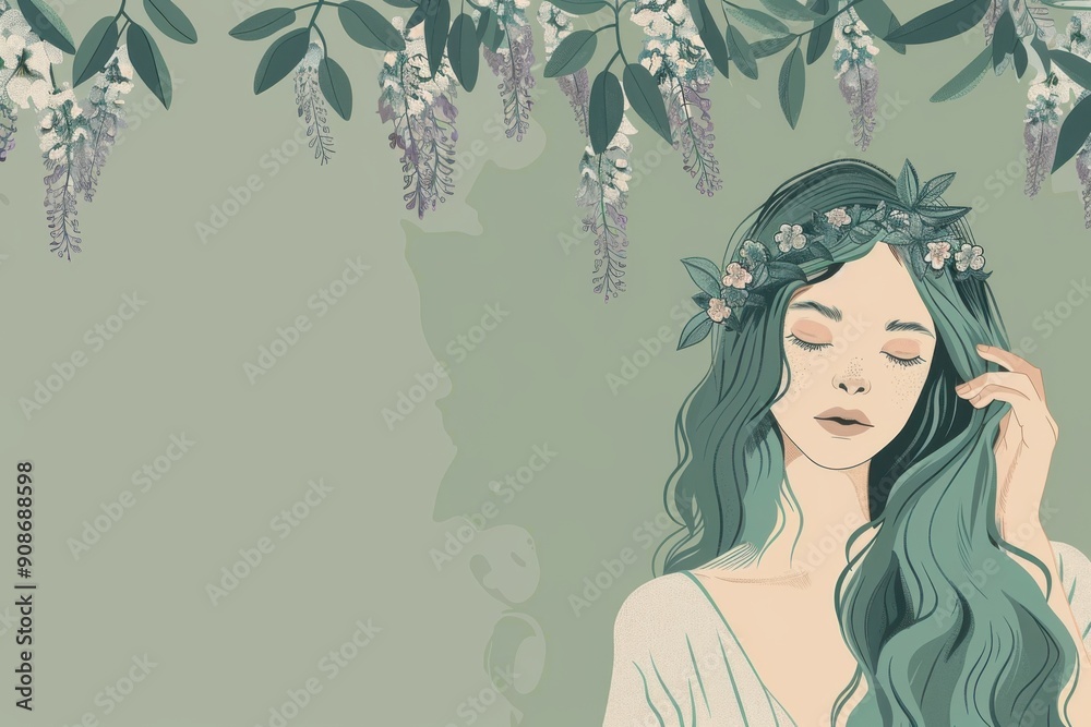 Chinese minimalism illustration, portrait of a fair-skinned woman with long, wavy teal hair styled with a floral headband, wearing a blouse, flat illustration Chinese figure illustration Chinese minimalism illustration, portrait of a fair-skinned woman with long, wavy teal hair styled with a floral headband, wearing a blouse, flat illustration Chinese figure illustration