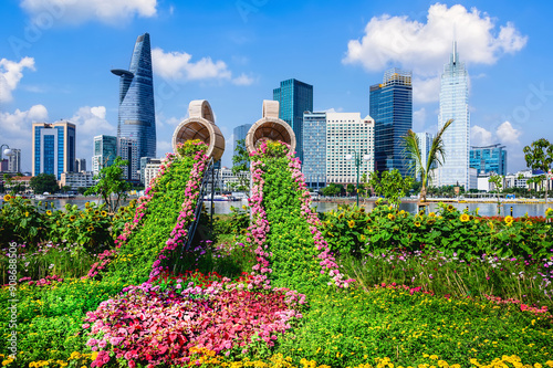 View of the flower garden on the occasion of Vietnam's traditional New Year on the banks of the Saigon River, Ho Chi Minh City, Vietnam