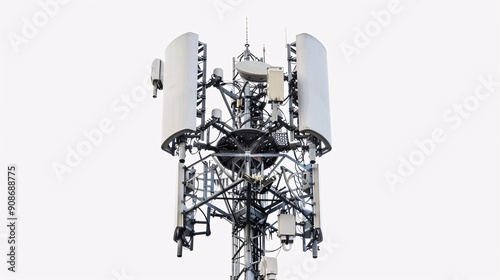 High-definition photo of a telecommunication tower with 5G antennas, isolated on a white background, captured in 32k UHD with focus stacking, highlighting intricate details and precision