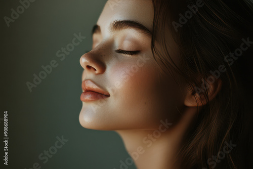 A close up of a girl's face with her eyes closed