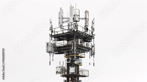 High-definition photo of a telecommunication tower with 5G antennas, isolated on a white background, captured in 32k UHD with focus stacking, highlighting intricate details and precision