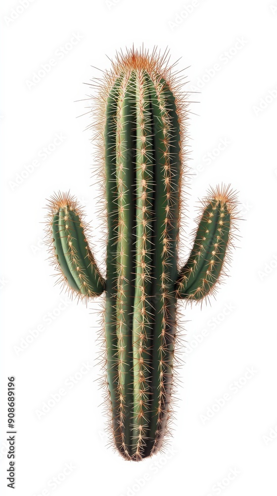 Naklejka premium A tall green cactus with spines, showcasing its unique structure against a plain background, ideal for nature or desert themes.