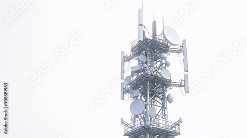 Clear and detailed image of a telecommunication tower with 5G antennas, isolated against a white background, in 32k UHD with focus stacking, showing all components with high clarity