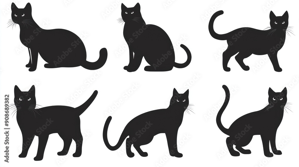 Silhouette set of black cats in different poses, ideal for children's drawings. Silhouette set of black cats in different poses, ideal for children's drawings.