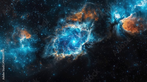 telescope image of a nebula that resembles the element of water, centered in a rough circle on a background of deep black space with stars
