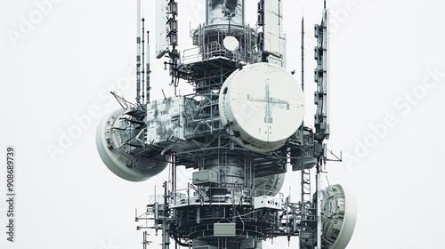 Ultra-high-definition image of a telecommunication tower, featuring 5G mobile internet antennas, isolated on a white background, captured in 32k UHD with focus stacking for maximum detail