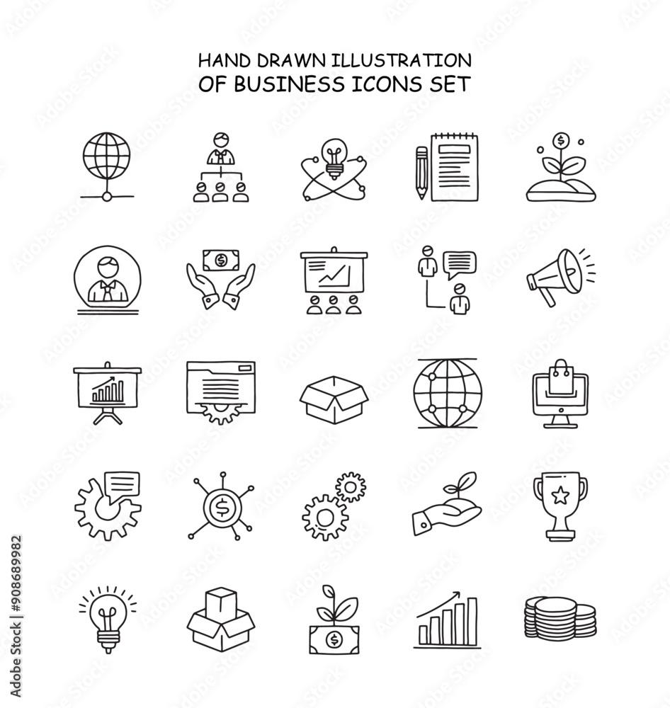 Hand drawn illustration of business icons set Hand drawn illustration of business icons set