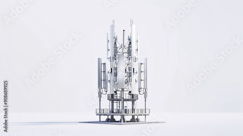 Ultra-high-definition image of a telecommunication tower, featuring 5G mobile internet antennas, isolated on a white background, captured in 32k UHD with focus stacking for maximum detail