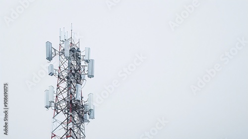 Sharp and detailed photo of a telecommunication tower with 5G antennas, isolated on a white background, in 32k UHD with focus stacking, highlighting every element with precision