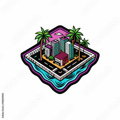 Top-down perspective of a vibrant, stylized Miami city scene, reminiscent of indie games.