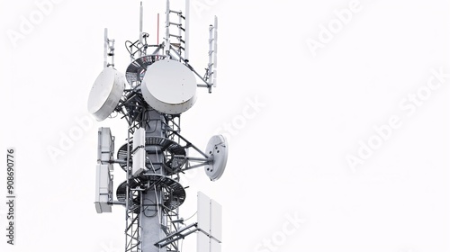 High-resolution image of a 5G telecommunication tower, isolated on a white background, photographed in 32k UHD with focus stacking, emphasizing the fine details and clarity of the antennas