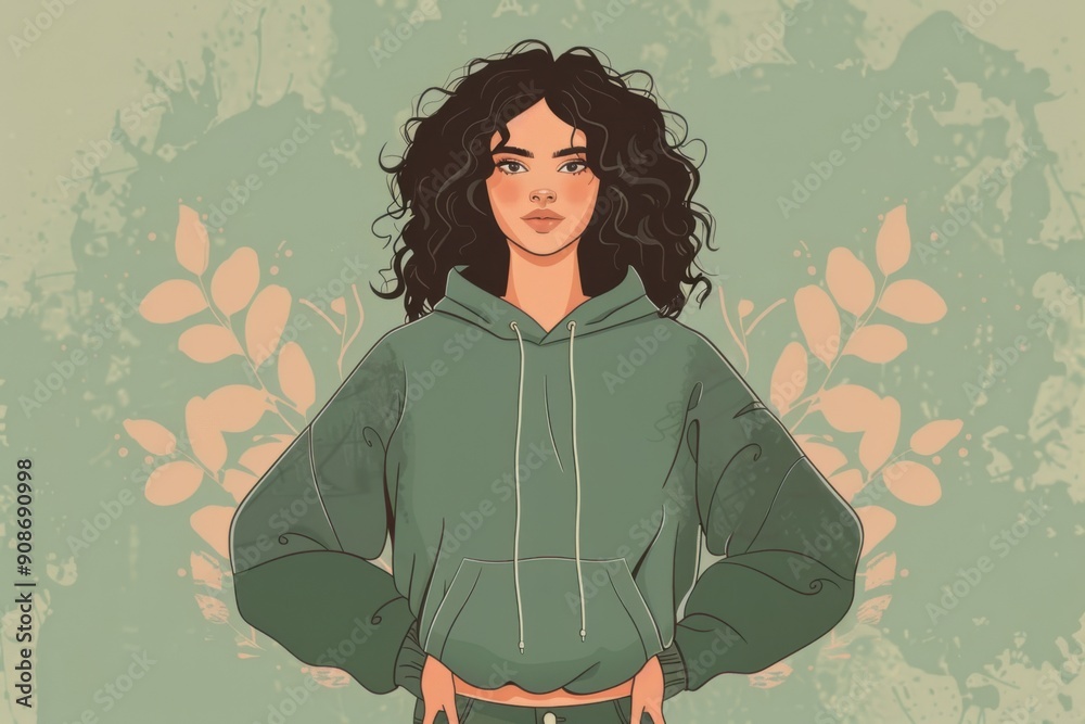 Chinese minimalism illustration, portrait of a Hispanic woman with curly dark hair wearing a casual hoodie with a fringe detail, standing with her hands resting on her hips, textured patterns behind