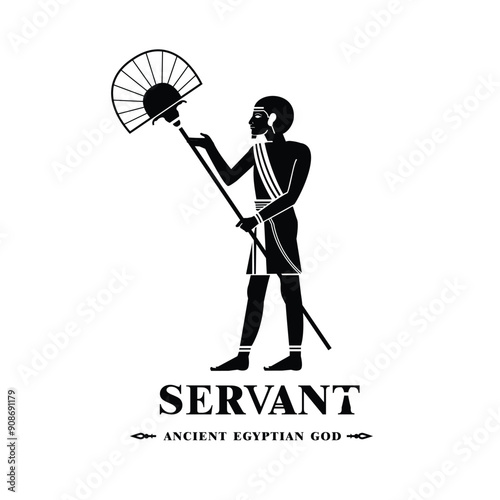 Silhouette of an ancient Egyptian servant, an illustration of a person on a papyrus painting and a pyramid wall of the hieroglyphic culture