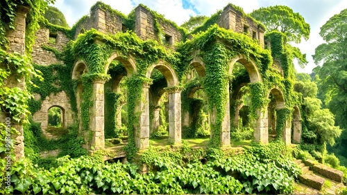 Enchanted Ruins Overgrown by Nature: A captivating image showcasing the magical transformation of a historic castle into a lush, green oasis, with ivy covering the ancient stonework. 2