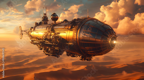 Majestic steampunk airship soaring over a vast landscape with intricate details