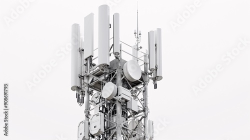 Ultra-high-definition image of a telecommunication tower, equipped with 5G antennas, isolated on a white background, captured in 32k UHD with focus stacking, ensuring maximum detail and clarity
