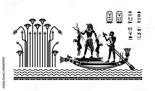 Papyrus with elements of ancient Egyptian history, hunting on the Nile by boat