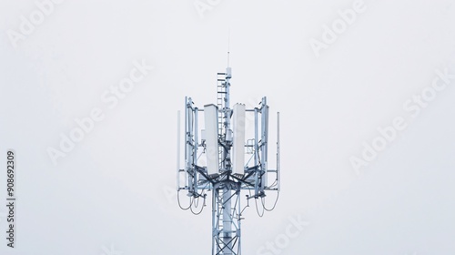 High-resolution image of a telecommunication tower with 5G cellular antennas, isolated on a white background, captured in 32k UHD with focus stacking, showcasing intricate details