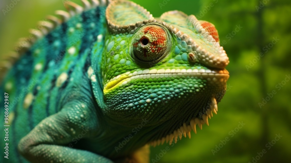 A green lizard with red eyes stares at the camera A green lizard with red eyes stares at the camera