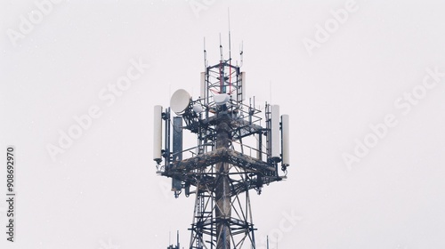 Isolated image of a telecommunication tower equipped with 5G cellular antennas, photographed in 32k UHD with focus stacking, showcasing sharp details and clarity on a white background