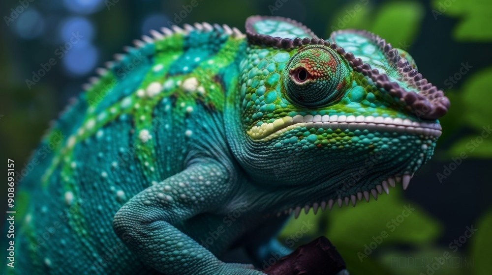 A green and white chameleon with a red eye A green and white chameleon with a red eye