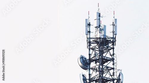 Isolated image of a telecommunication tower equipped with 5G cellular antennas, photographed in 32k UHD with focus stacking, showcasing sharp details and clarity on a white background