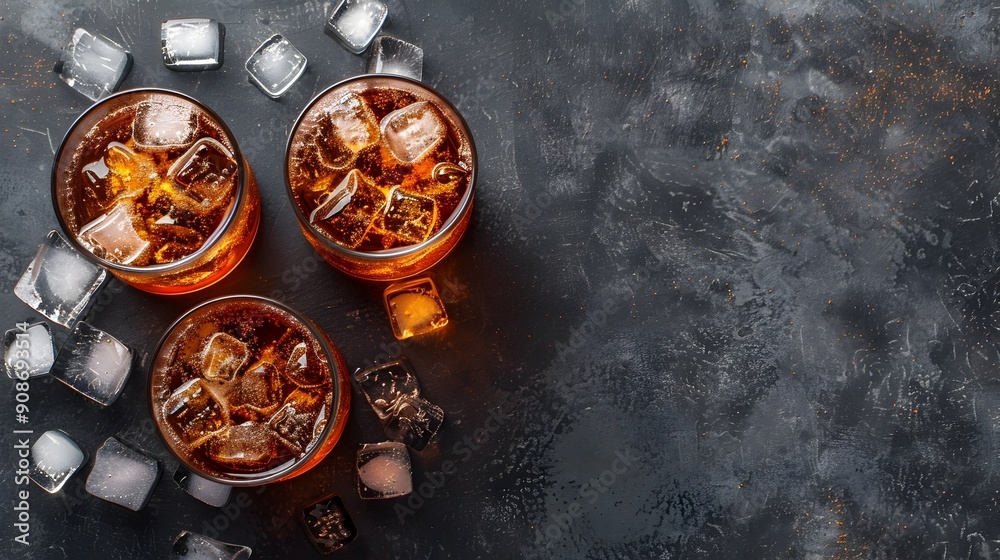 Refreshing Soda Drinks with Ice Cubes in Glasses on Rustic Wooden Table Refreshing Soda Drinks with Ice Cubes in Glasses on Rustic Wooden Table