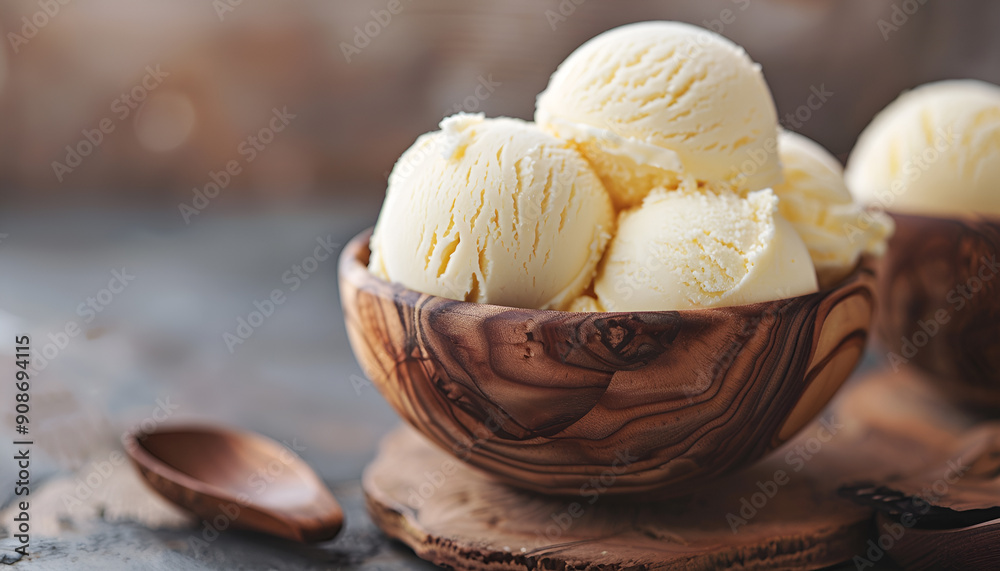Vanilla ice cream balls, brown bowls, dark background Vanilla ice cream balls, brown bowls, dark background
