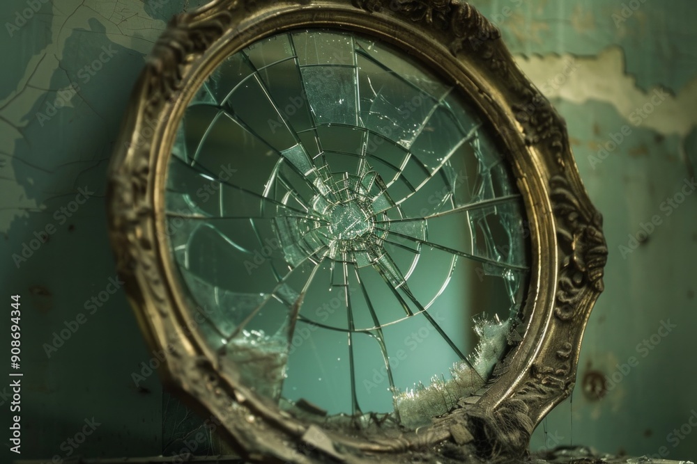 Obraz premium Mirror of Insecurities: A cracked mirror in an old, dimly lit room. 