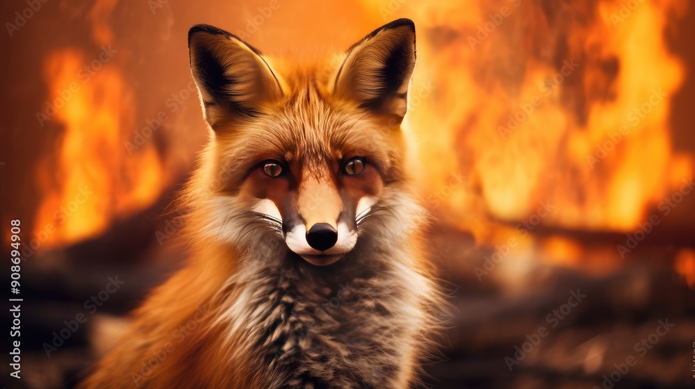 Fototapeta premium A fox navigates the unforgiving flames, its presence a reminder of nature's resilience amidst destruction.