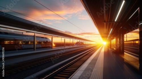 3D render of a highspeed train network, sleek trains, elevated tracks, modern stations, high detail, panoramic view, techfuturistic style, morning light, clean lines photo