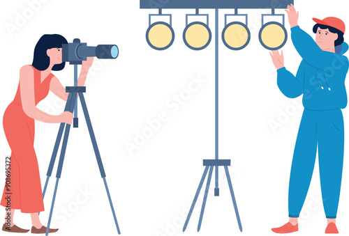 Professional camera operator and scene light worker characters