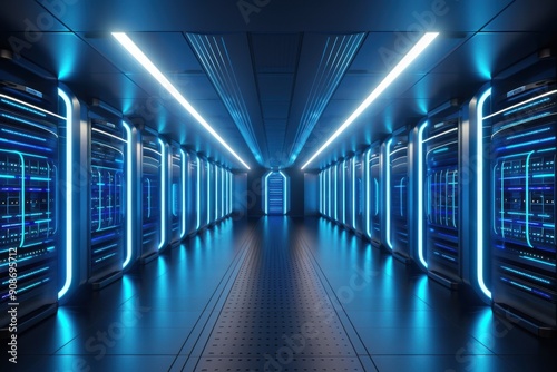 3D render of a modern data center interior, server racks, neon lights, highly detailed, side view, techfuturistic style, cool blue tones, dark setting, illuminated pathways photo