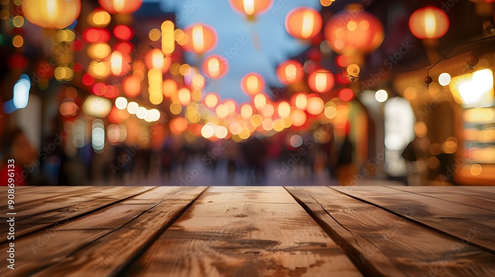 Wooden Table Top with Blurred Background of Festive Lights