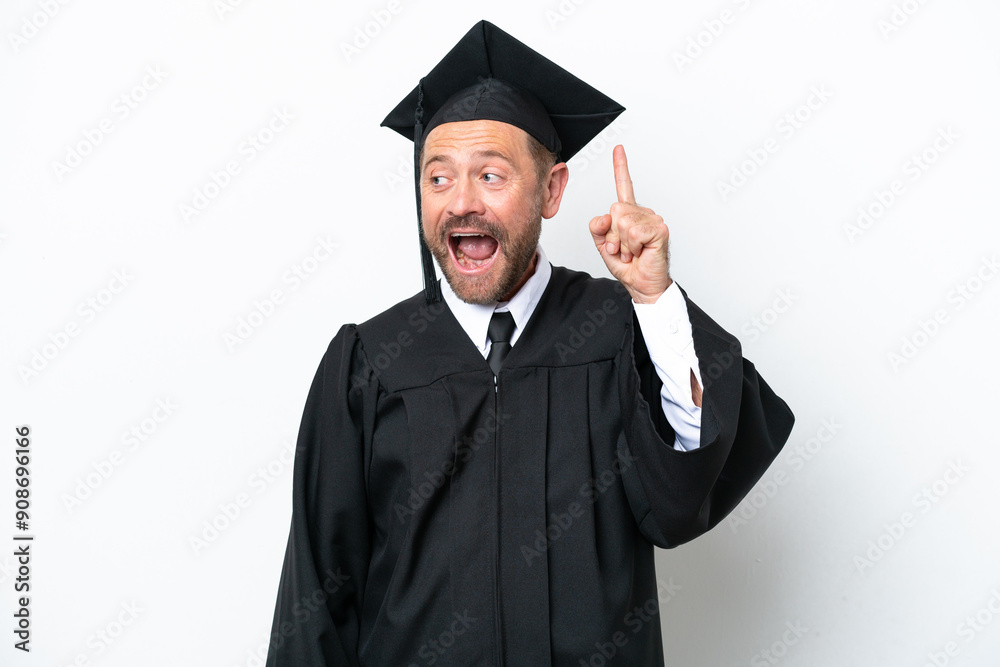 Middle age university graduate man isolated on white background intending to realizes the solution while lifting a finger up Middle age university graduate man isolated on white background intending to realizes the solution while lifting a finger up