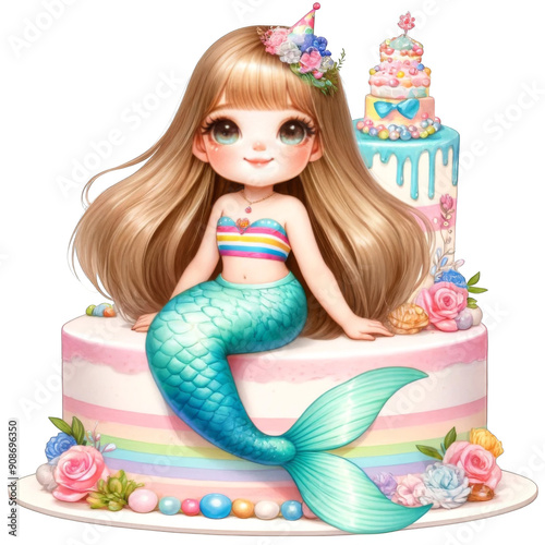 A cute mermaid with a big cake cartoon 
