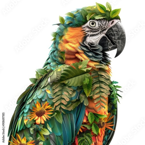 A parrot with green leaf and yellow flower patterns on its body, white background, illustration,