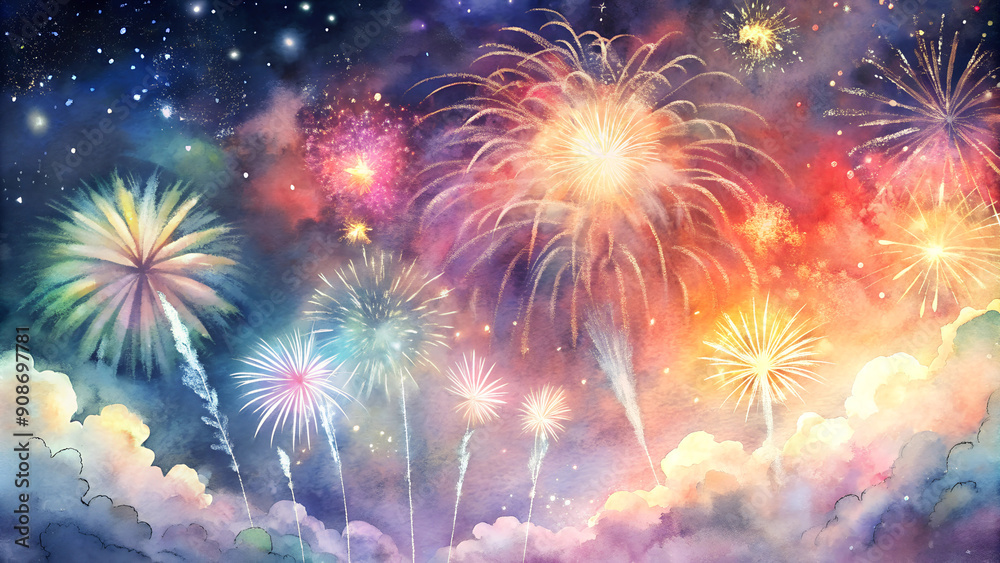 Fototapeta premium Bright Multicolored Fireworks Burst Against Night Sky, Festive Display