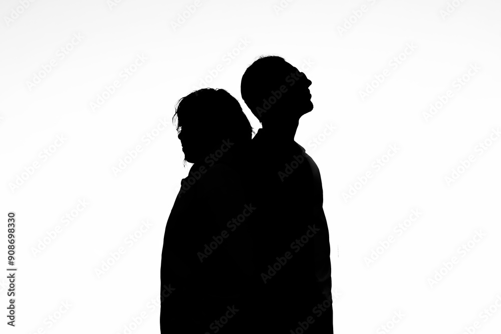 black silhouette of couple standing back to back isolated on white background. Young man and woman of tourists is standing, enjoying each other. illustration black silhouette of couple standing back to back isolated on white background. Young man and woman of tourists is standing, enjoying each other. illustration