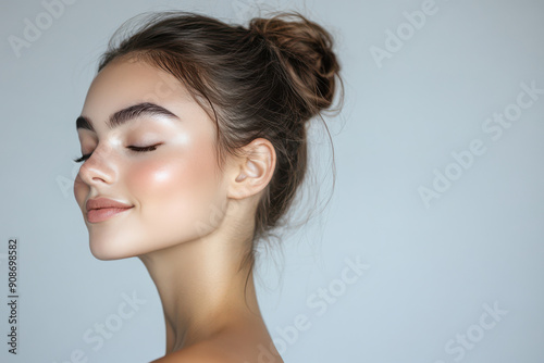 A close up of a girl's face with her eyes closed