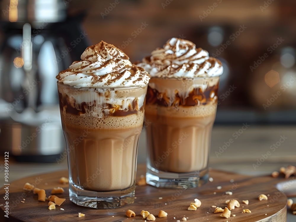 Creamy and Indulgent Frappe Coffees with Whipped Cream Toppings on Rustic Wooden Background Creamy and Indulgent Frappe Coffees with Whipped Cream Toppings on Rustic Wooden Background