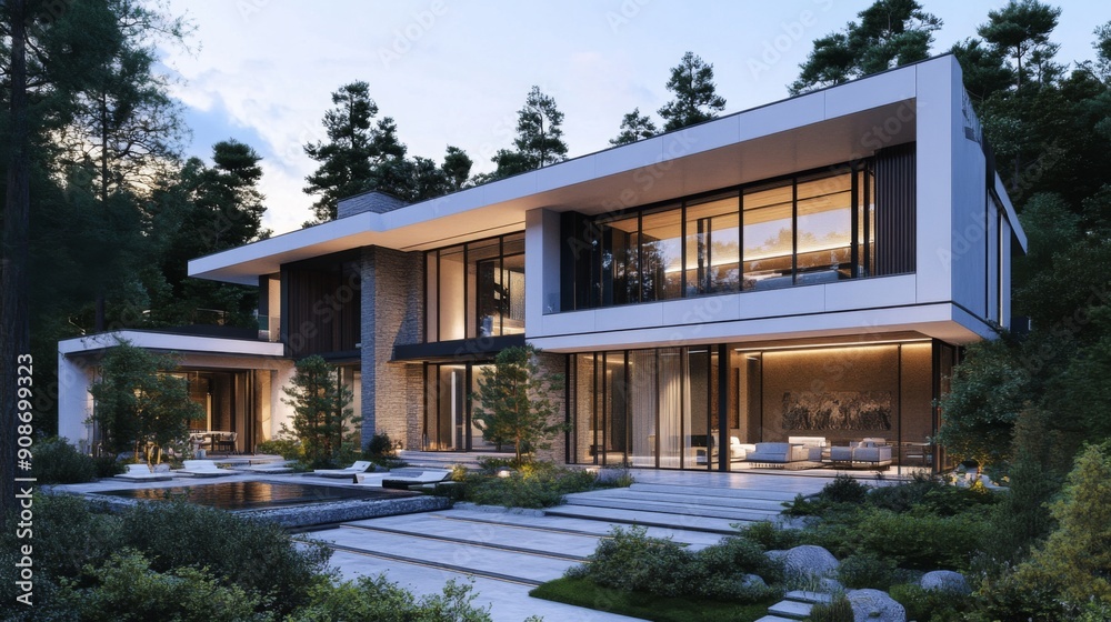 3D architectural rendering of a luxury modern home with integrated smart home technology. 3D architectural rendering of a luxury modern home with integrated smart home technology.