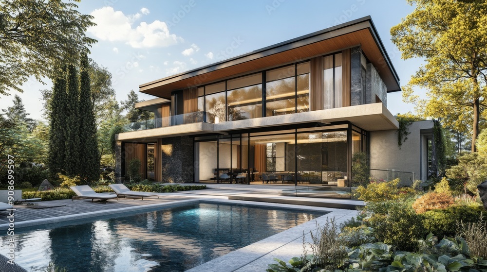 Fototapeta premium 3D architectural rendering of a stylish modern house with an infinity pool and garden.