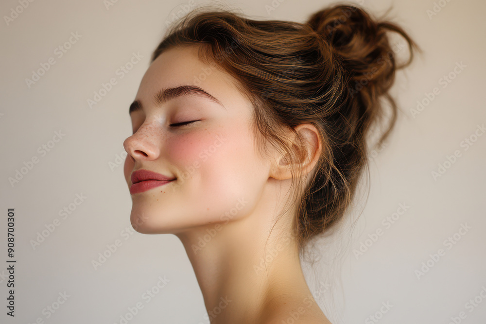 A close up of a girl's face with her eyes closed