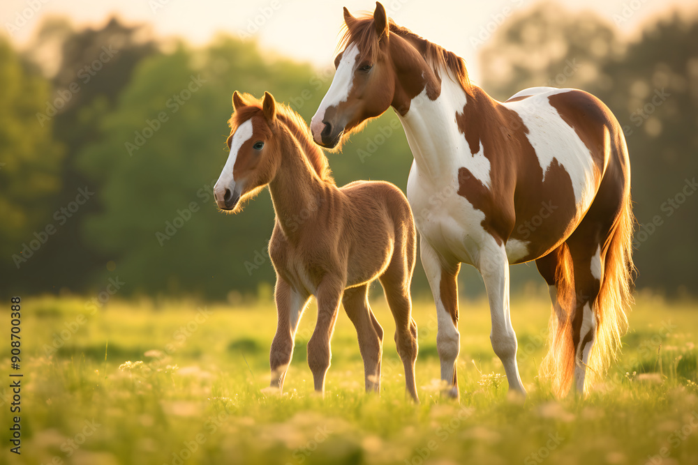 Picturesque Sunset View: Playtime of an Adorable Foal and its Affectionate Mother in an Enchanting Meadow Picturesque Sunset View: Playtime of an Adorable Foal and its Affectionate Mother in an Enchanting Meadow