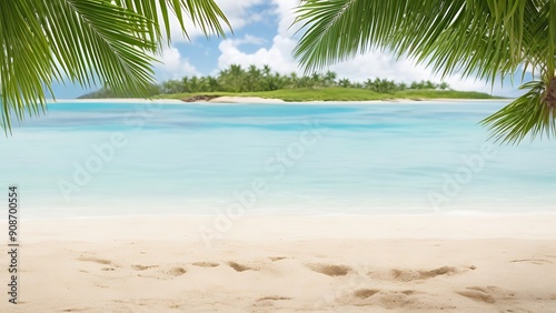 Sandy tropical beach with island on background 